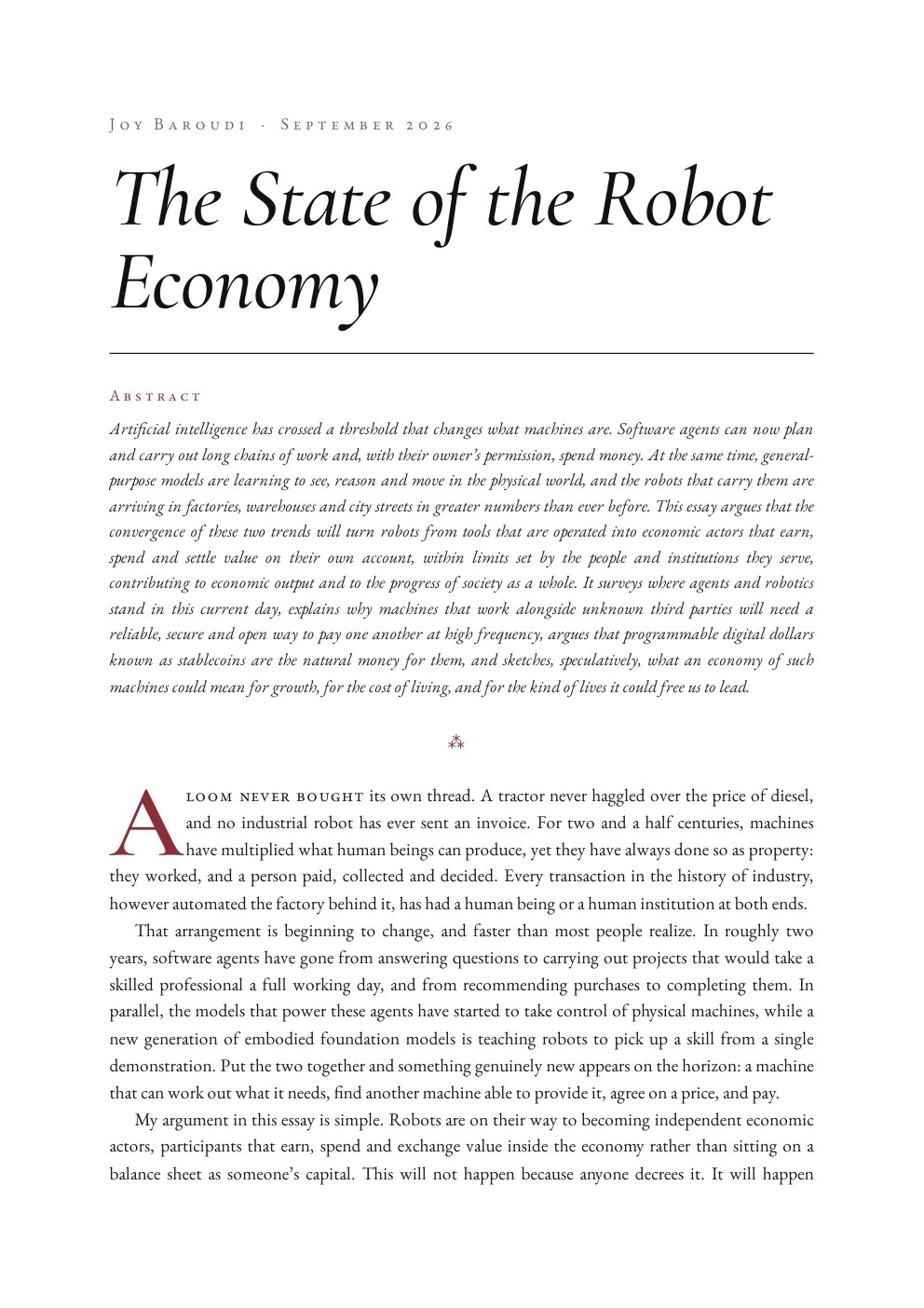 The first page of the essay, The State of the Robot Economy, by Joy Baroudi